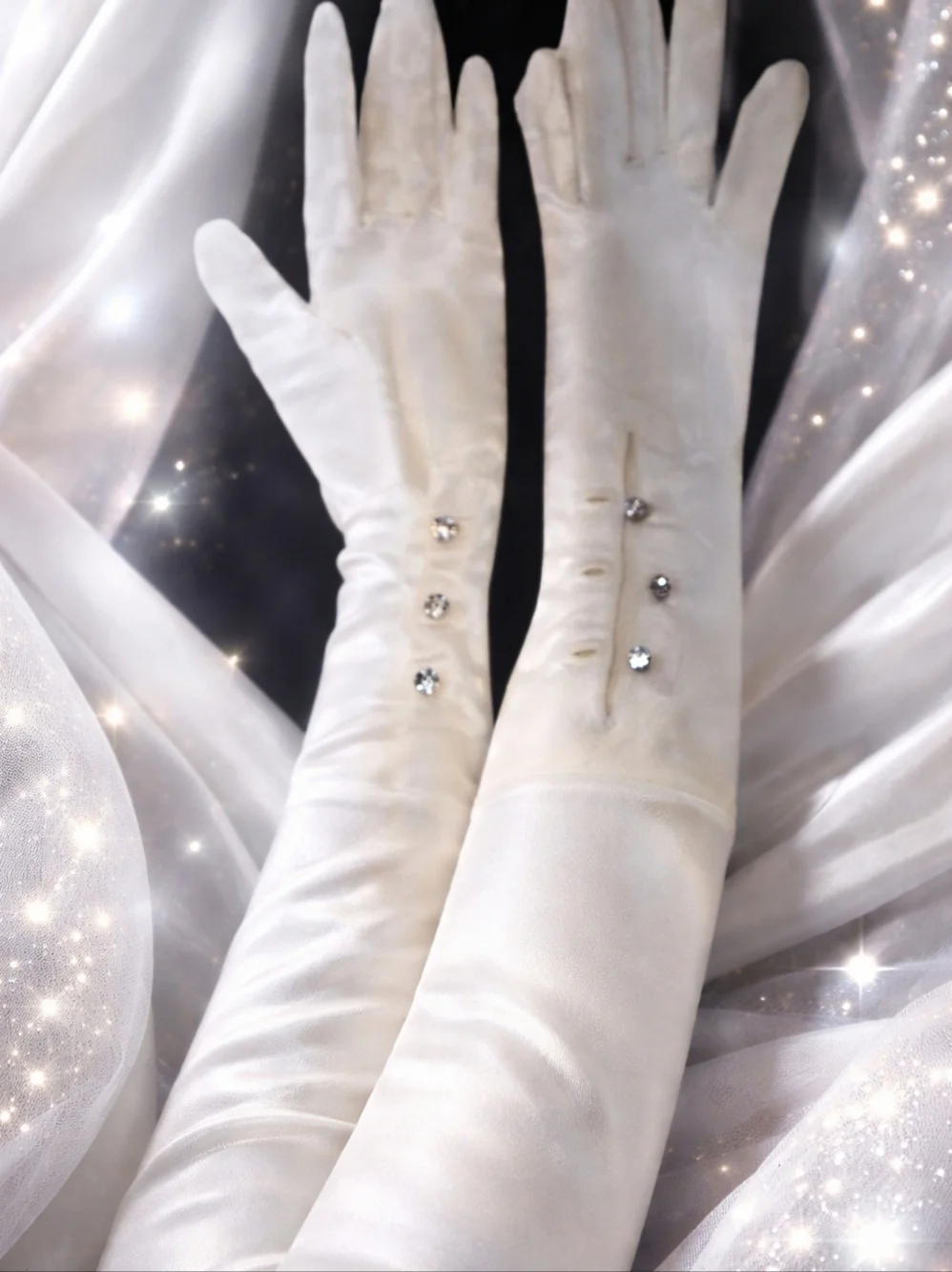 Vintage Aris White Satin Rhinestone closure elbow length gloves 7.5